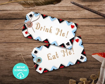 Wunderland-Thema Alice Drink Me Eat Me Favor Tags bearbeitbare Lebensmitteletiketten Namenskarten Printable DIY Sofort-Download