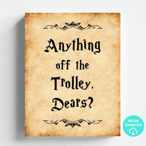 May include: A rectangular print with a parchment-like background features the phrase "Anything off the Trolley, Dears?" in black gothic lettering. Decorative flourishes are at the top and bottom. A turquoise "Instant Download" icon is in the lower right corner.