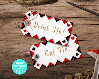 Wunderland-Thema Louis Carroll Queen Of Hearts Drink Me Eat Me Favor Tags Bearbeitbare Lebensmitteletiketten Namenskarten Printable DIY Sofort-Download