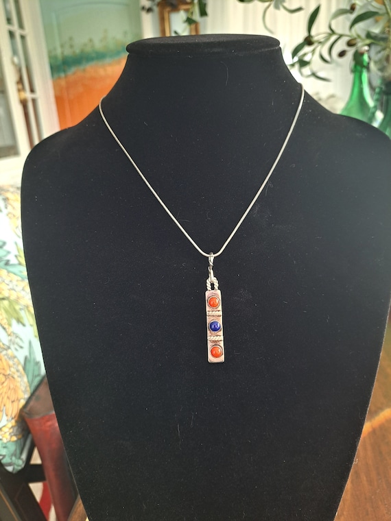 Native American Lapis and Coral Sterling Pendant … - image 2