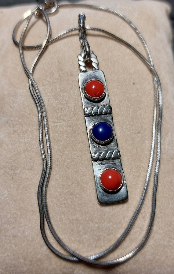 Native American Lapis and Coral Sterling Pendant … - image 4