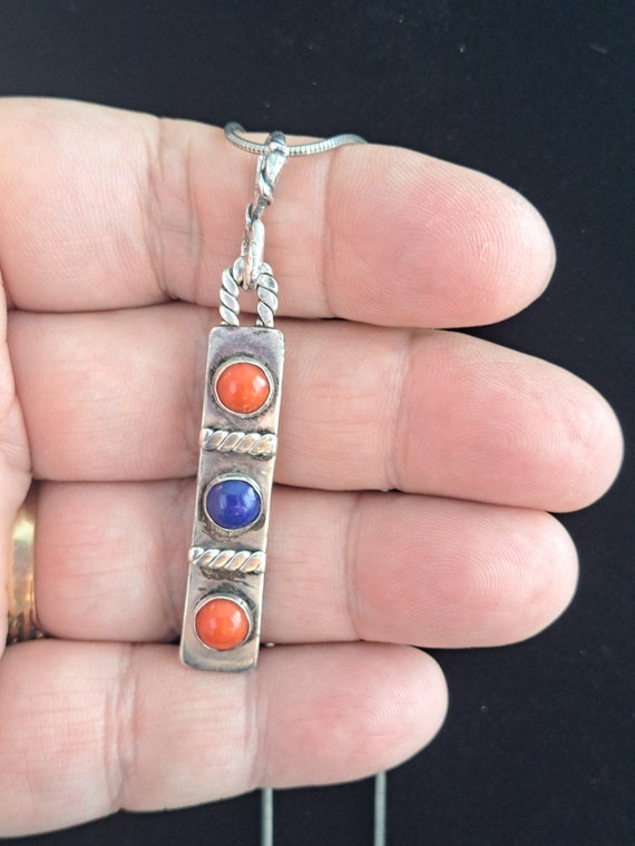 Native American Lapis and Coral Sterling Pendant … - image 3