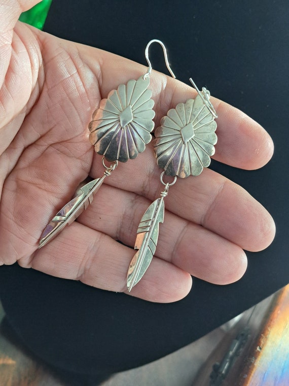 Sterling Concho style Earrings with Feathers