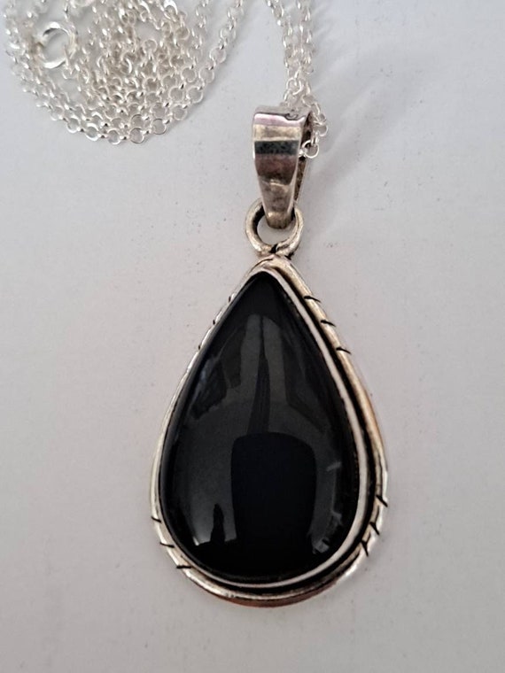 Teardrop Onyx and Sterling Pendant with Sterling … - image 1