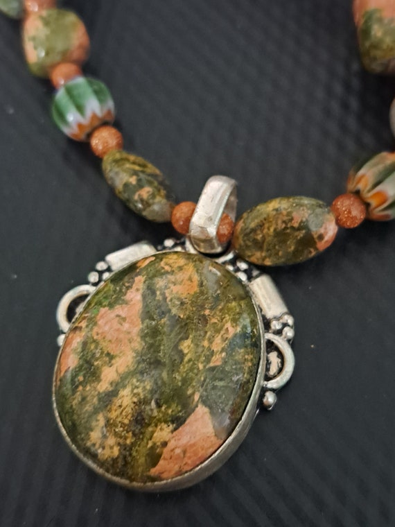 Unakite Necklace with Goldstone and Vintage Chevro