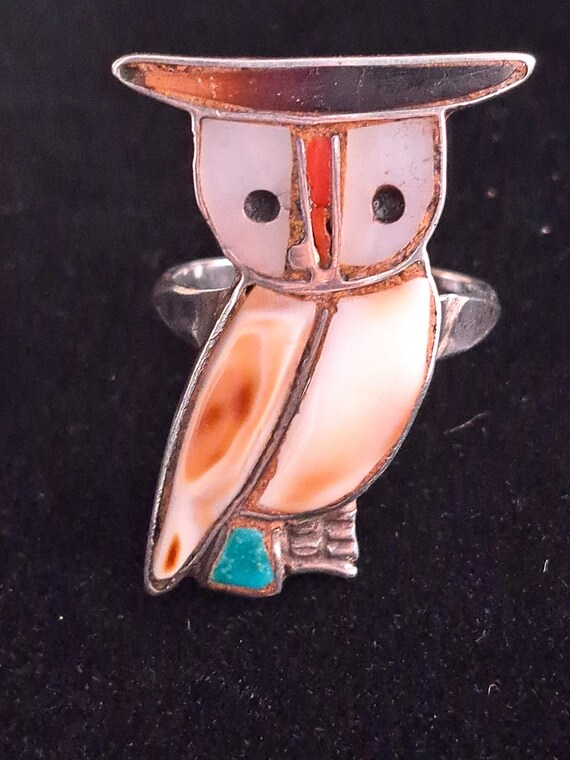 Native American Inlaid Owl Ring in Sterling