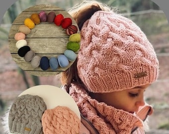 Knitting pattern, instructions, knit hat, ponytail hat, cable hat, with hole for cable