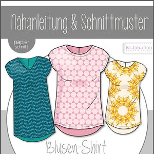 Könnte beinhalten: Ein Schnittmuster mit dem Text "Nähanleitung & Schnittmuster" und "Blusen-Shirt". Das Bild zeigt Illustrationen von drei Blusen-Designs, darunter ein teal-, rosa- und gelbfarbenes Oberteil. Das Muster enthält mehrere Varianten und Längen.