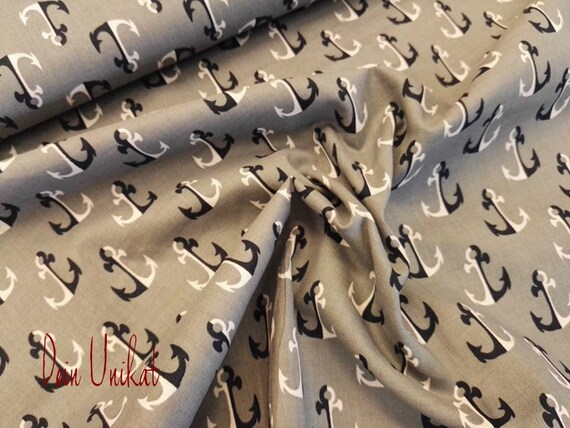 Stoff Baumwolle Anker grau blau weiß Webstoff maritim Stoffe