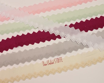 Cotton lace, 1.9EUR/meter, scalloped lace, lace, cotton, lace ribbon, green, gray, white, bordeaux, cream, pink