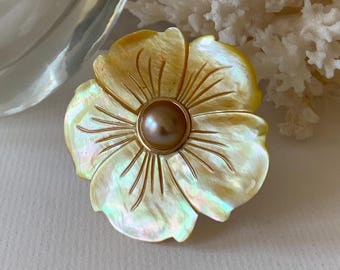 Carved Mother of Pearl Flower Brooch | 14K Gold Pin | Vintage Floral Pearl Jewelry