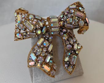 Vintage Richard Serbin Giant Crystal Bow Brooch Pin Multi Cut Stones Runway Piece 1980's
