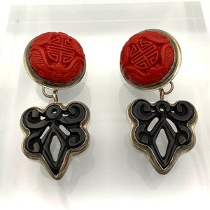 Vintage Cinnabar Black Jet Sterling Statement Drop Clip-On Earrings Signed GG SS Dramatic Sculptural