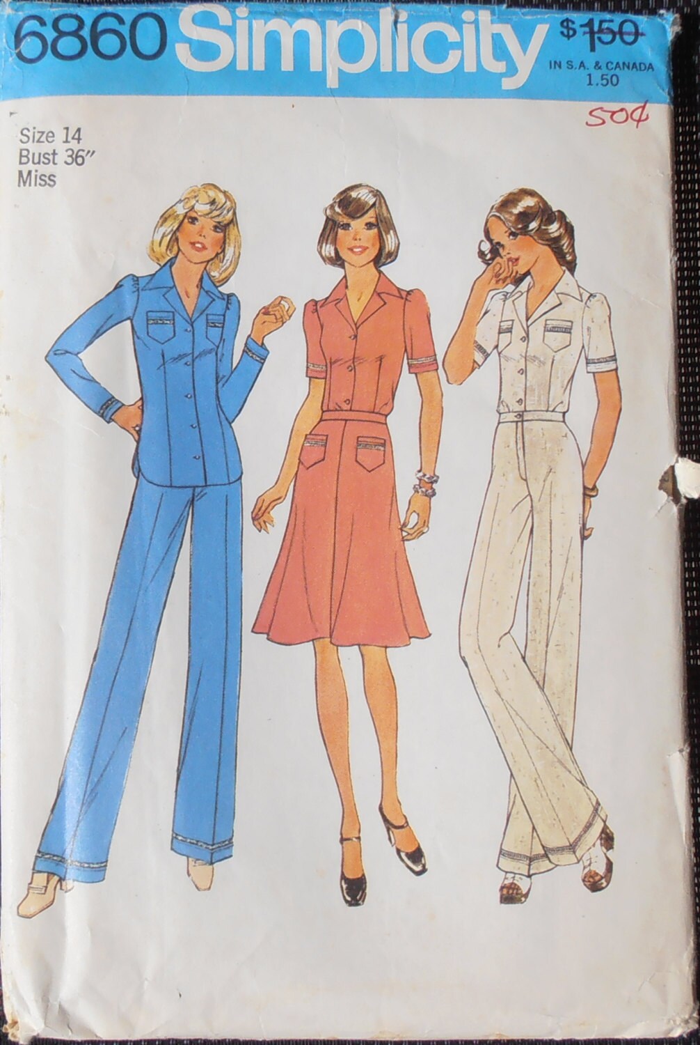 70s dress pattern, Simplicity 6860, 2 pc dress, top and pants, Dress pattern, size 14 pattern, Miss pattern, 70s pattern, Epsteam