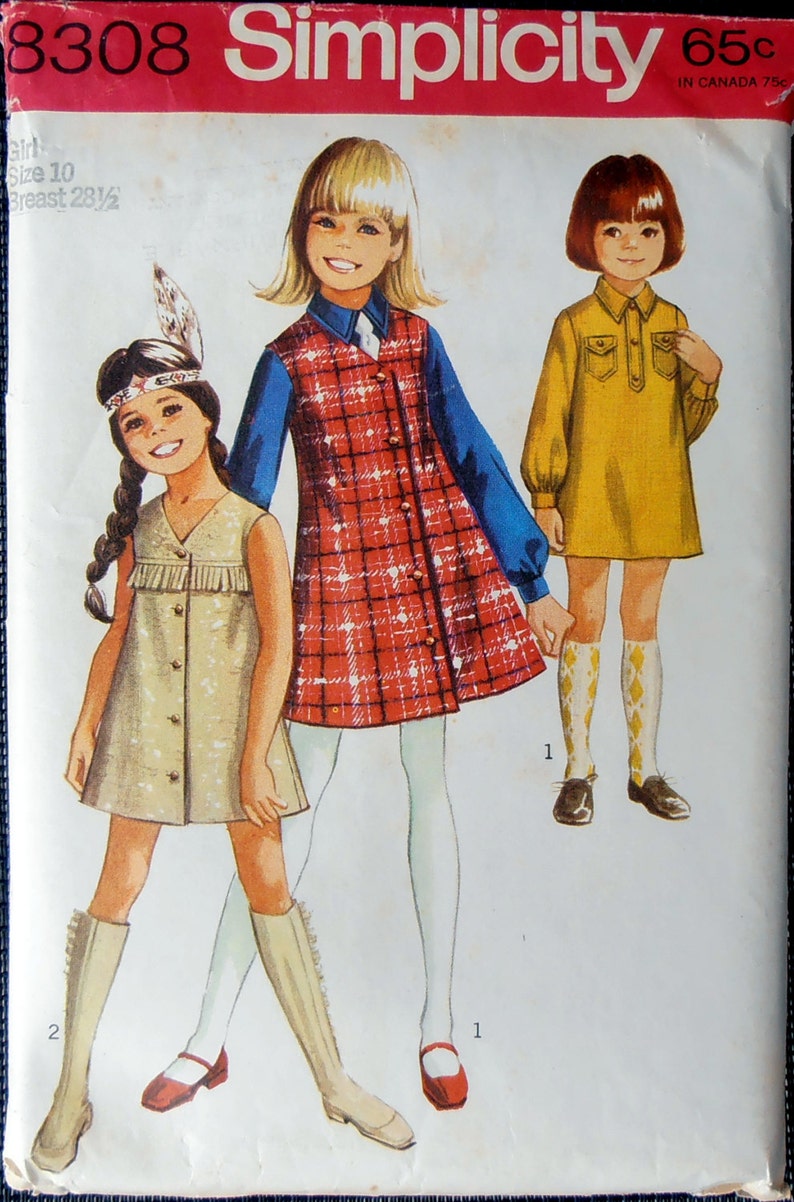Girls Jumper pattern, Simplicity 8308, Sewing pattern, Size 10, OOP pattern, 60s kids clothing, Hippie Retro Jumper for kids, Epsteam UNCUT image 1