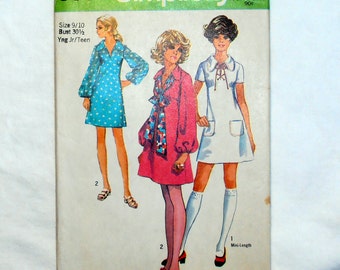 70s  Juniors Babydoll Dress, Simplicity 8805 Sewing Pattern, Size 9/10 Bust 30 1/2, 70s pattern, Mini Length, Hippie Retro Pattern, Epsteam