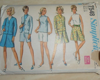 May include: Vintage Simplicity sewing pattern number 7548 for misses sizes 12 and 14. The pattern includes four different styles of skirts and shorts, all with a 34 inch bust. The pattern is printed on a white background with illustrations of four women wearing the different styles.