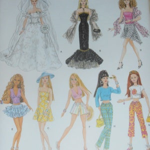 May include: A collection of eight fashion doll outfits, including a white wedding dress, a black gown, a pink and white skirt and top, a yellow floral dress, a blue and white checked skirt and top, a pink and white crop top and shorts, a white t-shirt and floral trousers, and a purple top and blue skirt.
