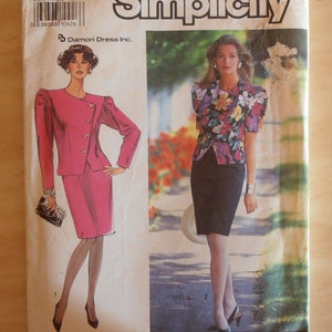 May include: Simplicity sewing pattern featuring illustrations of women's suits. One woman is in a pink suit with a skirt, and the other is in a floral top and black skirt. The pattern number is 7100, size N5 (10-18).