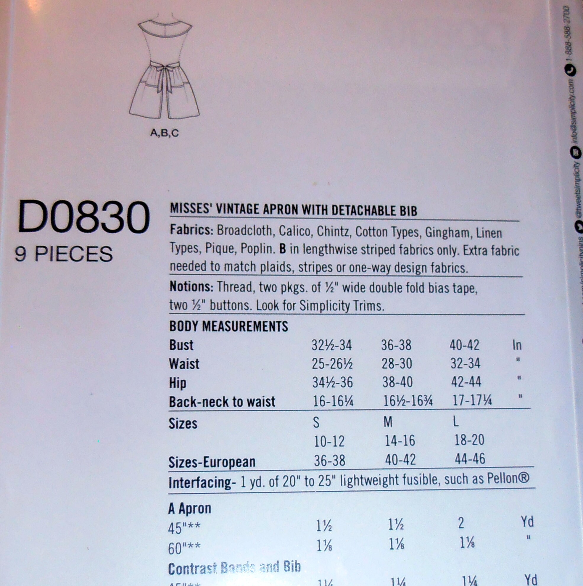 Vintage Inspired Apron Pattern, Simplicity 0830/8533,detachable Bib ...