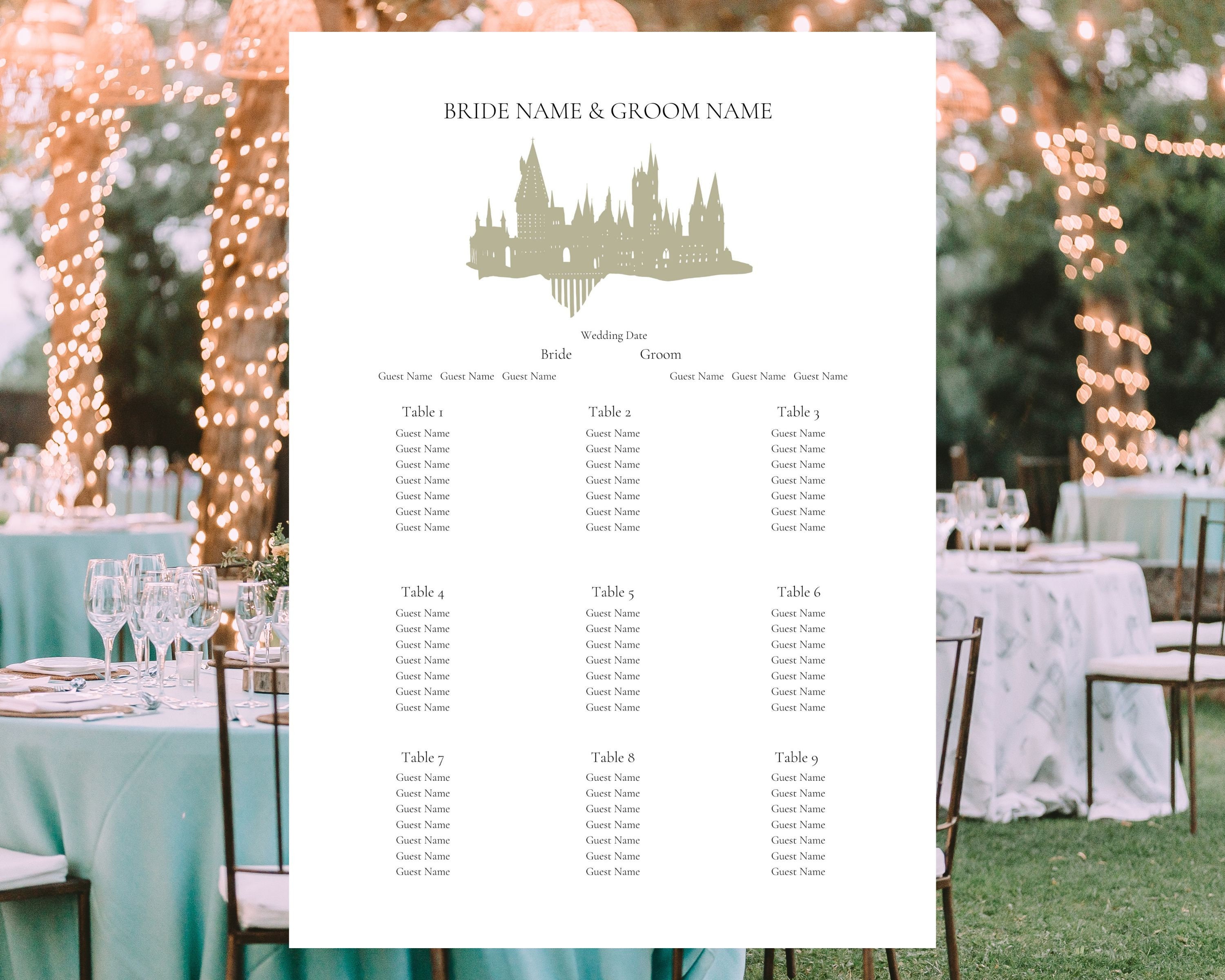 Magical Castle Wedding Seating Chart for the boy who lived, Bespoke Plan  (Digital A1 pdf), image size:3000x2400