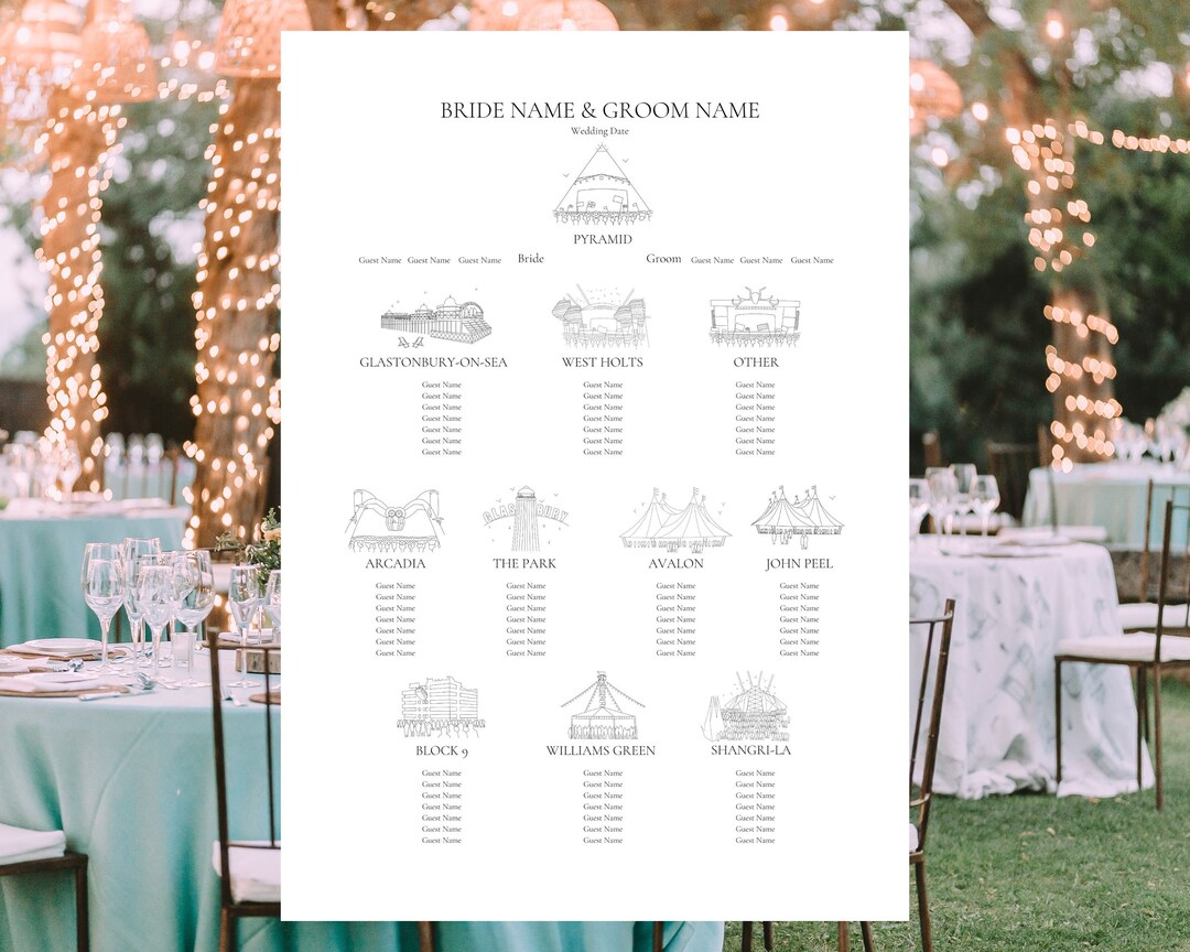 Glastonbury Festival Wedding Seating Chart, Bespoke Plan digital A1 Pdf