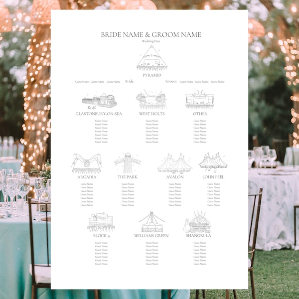 Glastonbury Festival Wedding Seating Chart, Bespoke Plan (Digital A1 pdf) *updated version now with 11 tables*