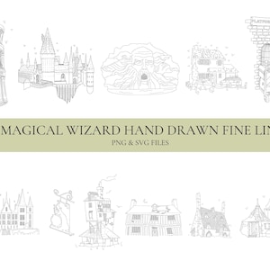 May include: Eleven hand-drawn fine-line illustrations of magical wizarding world elements are shown. The images include a castle, a stone face, buildings, and a birdcage on a trolley. Text at the bottom reads "11 MAGICAL WIZARD HAND DRAWN FINE LINE PNG & SVG FILES."