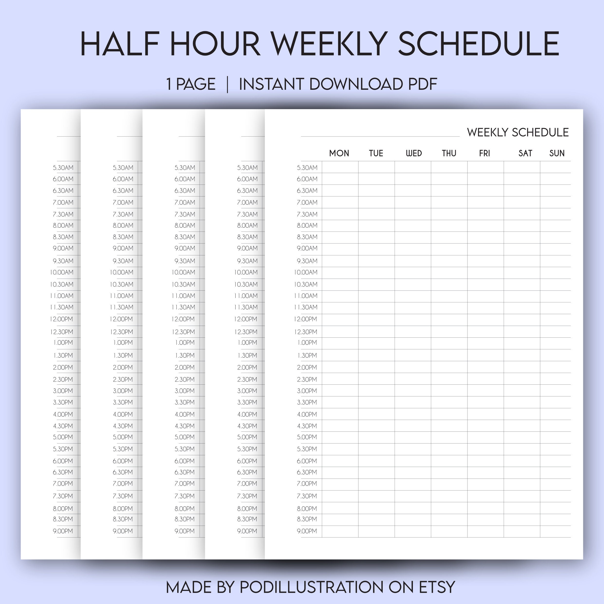Weekly Schedule, Half Hour Weekly Planner, Minimalist Printable ...