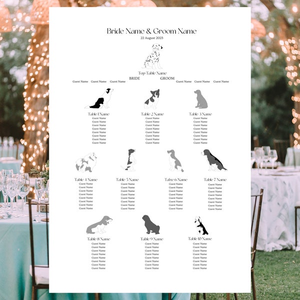 Dog Wedding Seating Chart, Bespoke Plan (Digital A1 pdf) includes 11 tables with 11 different breeds, Personalisation available