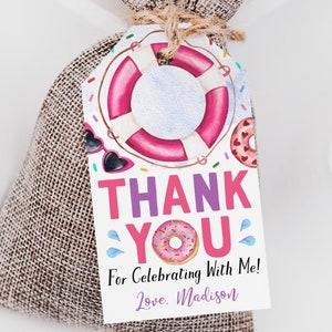 Donut Pool Party Geburtstagsparty Favor Tags bearbeitbare Vorlage, Mädchen Dunk und Donuts Danke behandelt Tasche, Kinder Sommer Pool Party Tag