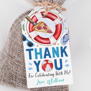 Pizza Pool Party Geburtstagsparty Favor Tags bearbeitbare Vorlage, Jungen Schwimmbad Pizza Party Bash Danke behandelt Tasche, Kinder Sommer Party Tag
