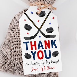 Plantilla editable de etiquetas de regalo para fiesta de cumpleaños de hockey, bolsa de regalo de agradecimiento para fiesta temática de hockey sobre hielo, banquete deportivo de fin de temporada de patinaje sobre hielo