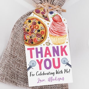 Étiquettes de cadeau de fête d'anniversaire pizza et cupcakes, modèle modifiable, sac de cadeaux de remerciement pour petits gâteaux fille, étiquette-cadeau de décoration de gâteaux de chef pour enfants