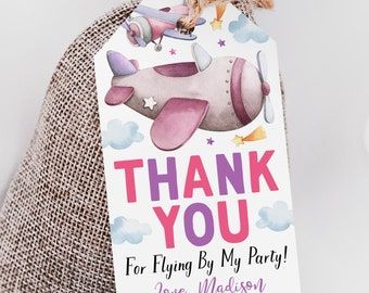 Flugzeug Geburtstag Party Favor Tags bearbeitbare Vorlage, Mädchen rosa Flugzeug Thema Danke Leckerli Tasche, danke für das Fliegen mit dem Tag Pilot Take Off