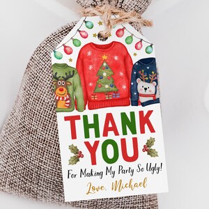 Etichette per bomboniere di compleanno con maglioni brutti, modello modificabile, borsa per dolcetti di ringraziamento per il concorso di Natale con maglioni brutti, etichette regalo per feste di Natale stampabili