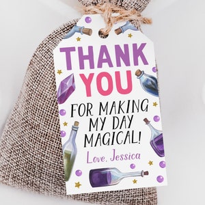 Modèle modifiable d'étiquette-cadeau de remerciement de fête de potion magique, étiquettes de faveur d'anniversaire de nuit de sorcellerie de potions magiques, fête de sorcier de sorcier d'Halloween