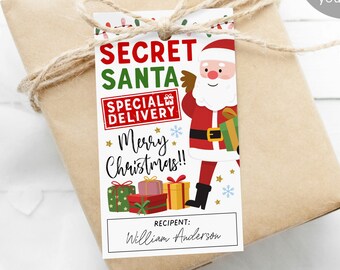 Secret Santa Gift Tags Editable Template, Christmas Santa Claus Special Delivery Gift Exchange Printable Favor Tags, Holiday Party Favor