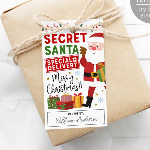 Secret Santa Gift Tags Editable Template, Christmas Santa Claus Special Delivery Gift Exchange Printable Favor Tags, Holiday Party Favor
