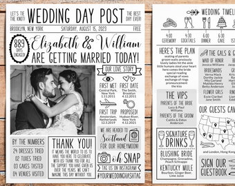 Newspaper Wedding Program 8.5x11 Editable Template, Wedding Infographic, Unique Wedding Program, Wedding Timeline Printable Signature Drinks