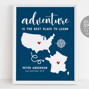 Bewerkbare studie in het buitenland kaart aandenken cadeausjabloon, buitenlandse uitwisselingsstudent, studeren in het buitenland, avontuur citaat, wereldkaart, gehoste student