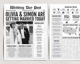 Newspaper Wedding Program Template, Editable Wedding Infographic, Unique Wedding Program, Printable Wedding Timeline, Wedding Word Search