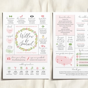 May include: Wedding timeline card with pink and green accents. Features details like the couple's origins, wedding party, and timeline. Includes text: "Willow & Samuel" and "3.12.2022 Richmond, Virginia."