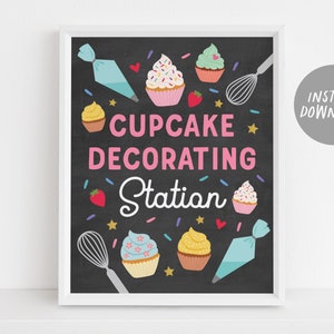 Cupcake Dekorieren Station Zeichen druckbare, Mädchen Backen Party Geburtstag Tafel, Kochen Party Zeichen, Kochkurs Geburtstag Zeichen