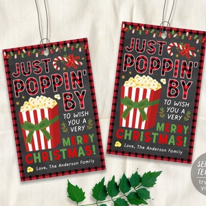Christmas Popcorn Gift Tags Editable Template, Just Popping By Merry Christmas Holiday, Popcorn Favor Tag, Secret Santa Office Staff Teacher