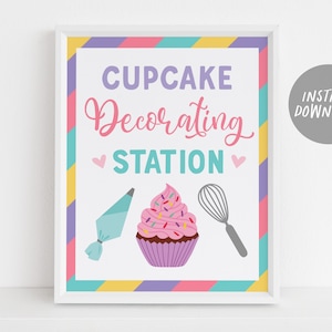 Cupcake Dekorieren Station Zeichen druckbare, Mädchen Backen Party Geburtstag Tafel, Kochen Party Zeichen, Kochkurs Geburtstag Zeichen