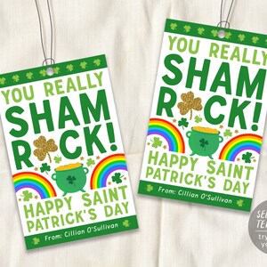 Modello modificabile etichetta regalo Sham Rock per il giorno di San Patrizio, etichetta di favore di apprezzamento per i colleghi dell'insegnante dell'aula dell'arcobaleno del trifoglio