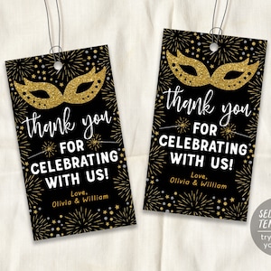 Masquerade Favor Tags Editable Template, Engagement Party Rehearsal Dinner Black And Gold Gift Tags Printable, Masquerade Ball Decor