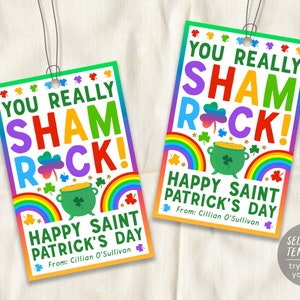 St Patrick's Day You Sham Rock Geschenkanhänger Bearbeitbare Vorlage, Regenbogen Kleeblatt Klassenzimmer Lehrer Büropersonal Mitarbeiter Anerkennung Favor Tag