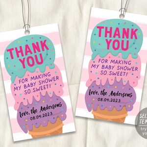 Ice Cream Baby Shower Favor Tags Editable Template, Thank You Baby Sprinkle Gift Tag Printable, Summer Here&#39;s The Scoop Instant Download